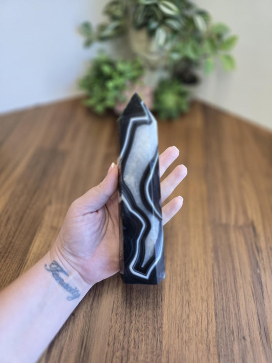 New - Black Banded Agate Tower "A" | Crystal Focus for Desk, Office or Study | Sparkling White Quartz Mix | Art Deco 1920's Home Decor