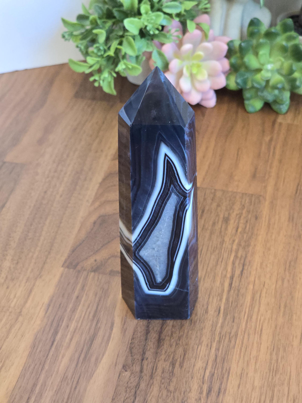 New - Black Banded Agate Tower "C" | Double White Druzy Quartz Sides | Crystal Focus for Desk, Office or Study | Art Deco 1920's Home Decor