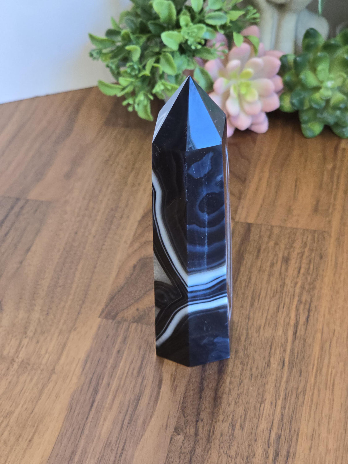 New - Black Banded Agate Tower "C" | Double White Druzy Quartz Sides | Crystal Focus for Desk, Office or Study | Art Deco 1920's Home Decor