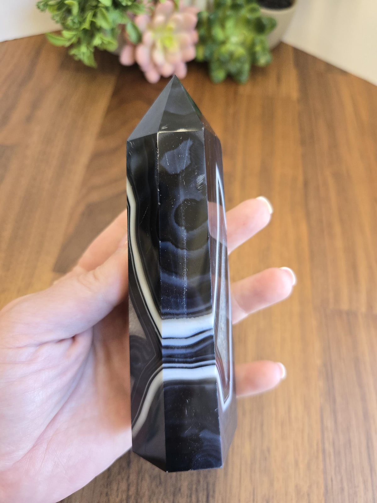 New - Black Banded Agate Tower "C" | Double White Druzy Quartz Sides | Crystal Focus for Desk, Office or Study | Art Deco 1920's Home Decor