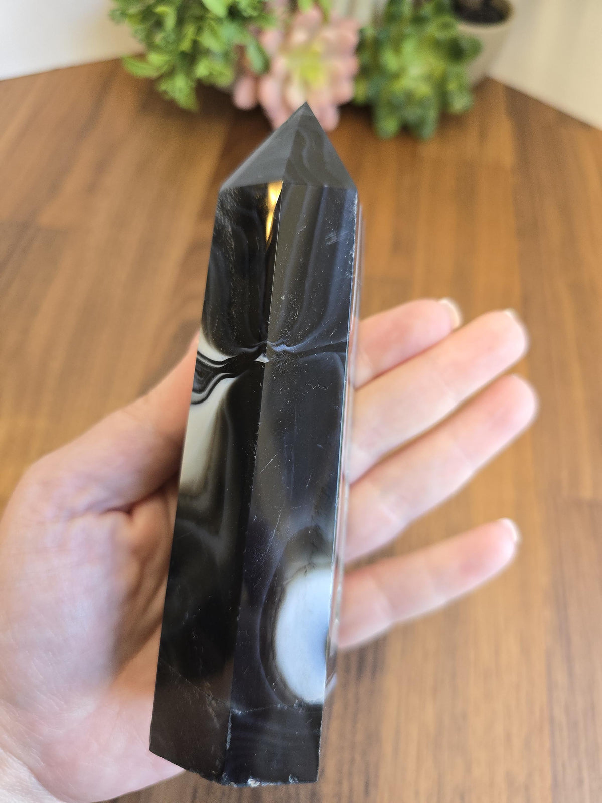 New - Black Banded Agate Tower "C" | Double White Druzy Quartz Sides | Crystal Focus for Desk, Office or Study | Art Deco 1920's Home Decor
