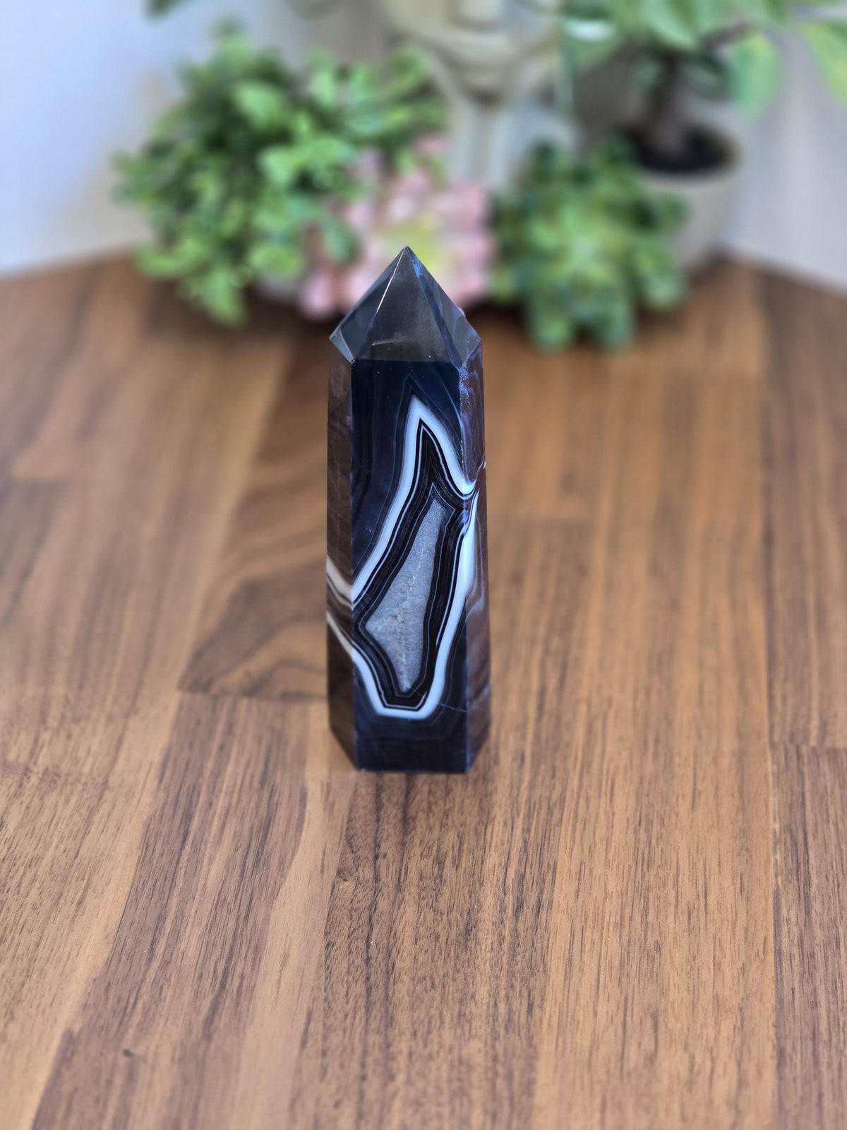 New - Black Banded Agate Tower "C" | Double White Druzy Quartz Sides | Crystal Focus for Desk, Office or Study | Art Deco 1920's Home Decor