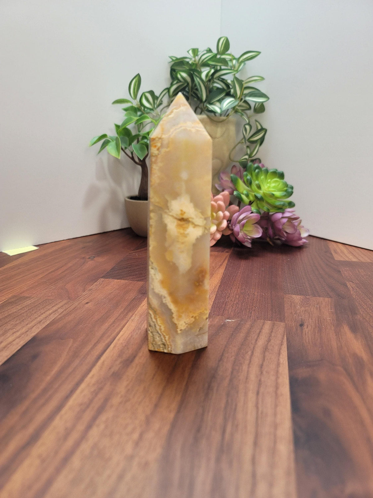 Inv - Raw Crazy Lace Agate Tower | 6" | Modern Nuetral Home Decor Accent with Beige, White, Blue-Gray Lacey Patterns | Warm Minimalism Gift