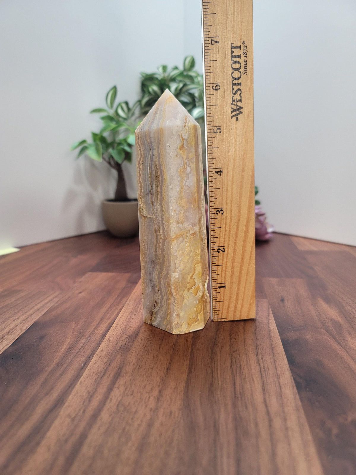 Inv - Raw Crazy Lace Agate Tower | 6" | Modern Nuetral Home Decor Accent with Beige, White, Blue-Gray Lacey Patterns | Warm Minimalism Gift