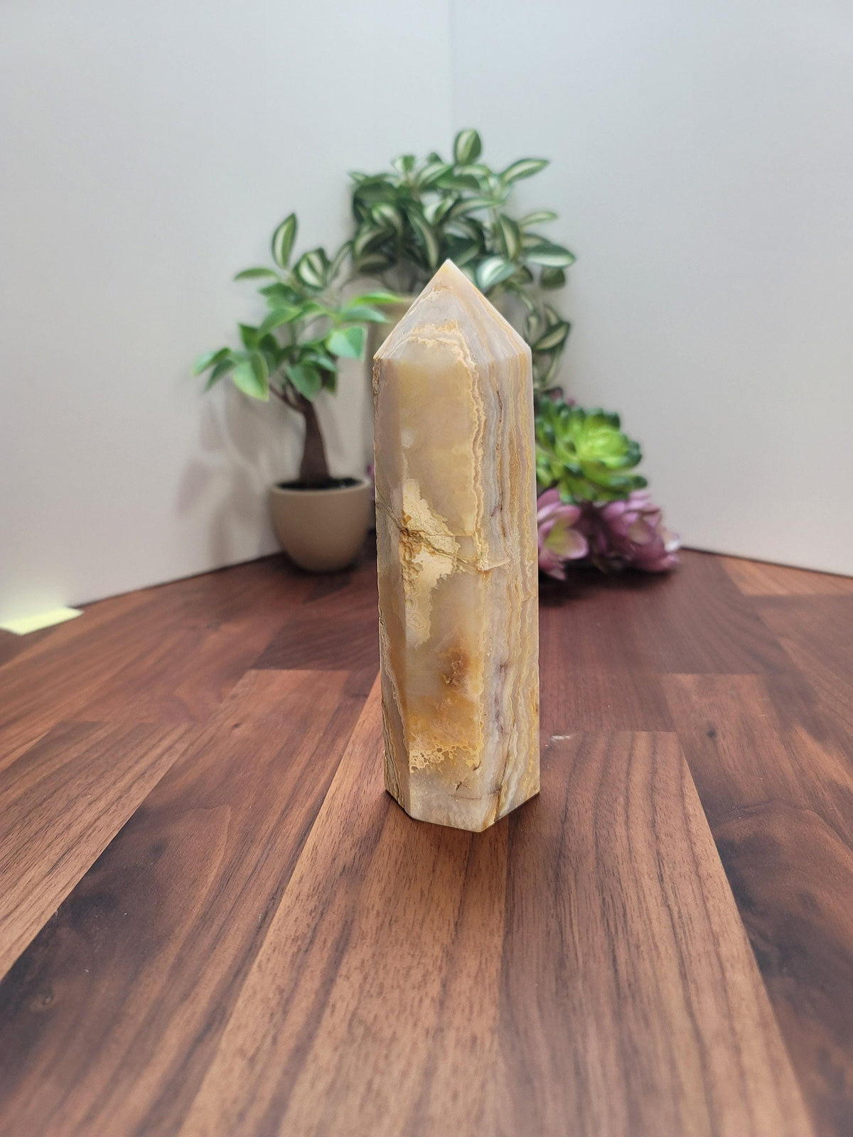 Inv - Raw Crazy Lace Agate Tower | 6" | Modern Nuetral Home Decor Accent with Beige, White, Blue-Gray Lacey Patterns | Warm Minimalism Gift