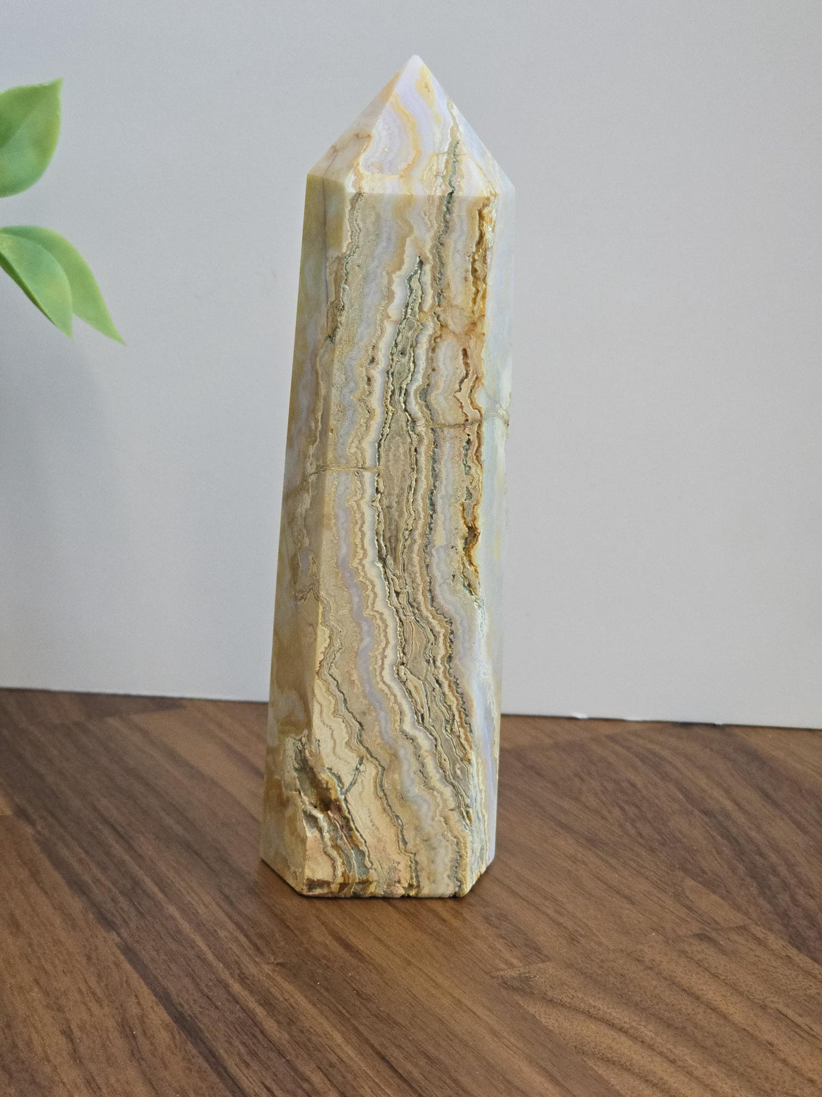 Inv - Raw Crazy Lace Agate Tower | 6" | Modern Nuetral Home Decor Accent with Beige, White, Blue-Gray Lacey Patterns | Warm Minimalism Gift