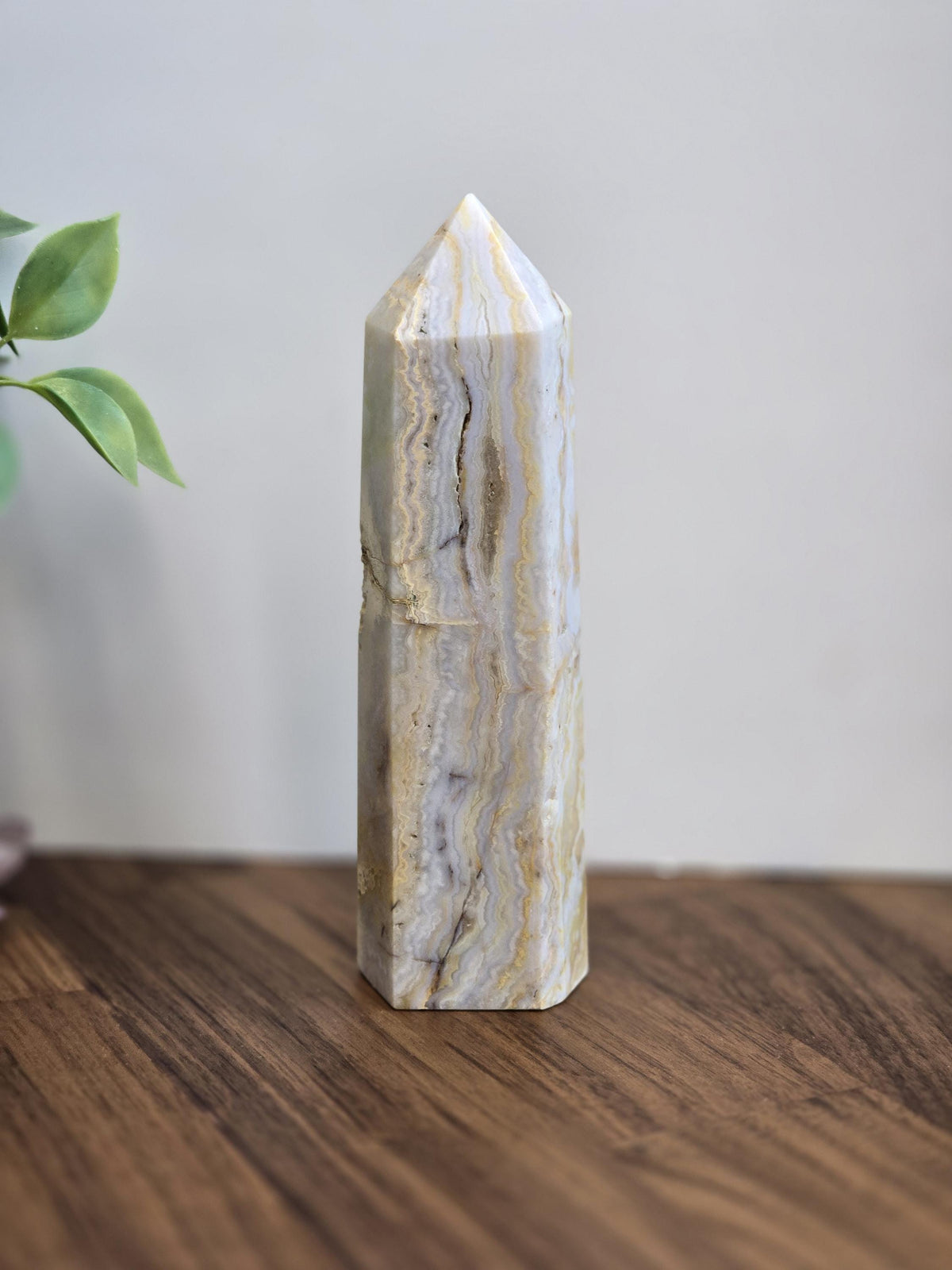 Inv - Raw Crazy Lace Agate Tower | 6" | Modern Nuetral Home Decor Accent with Beige, White, Blue-Gray Lacey Patterns | Warm Minimalism Gift