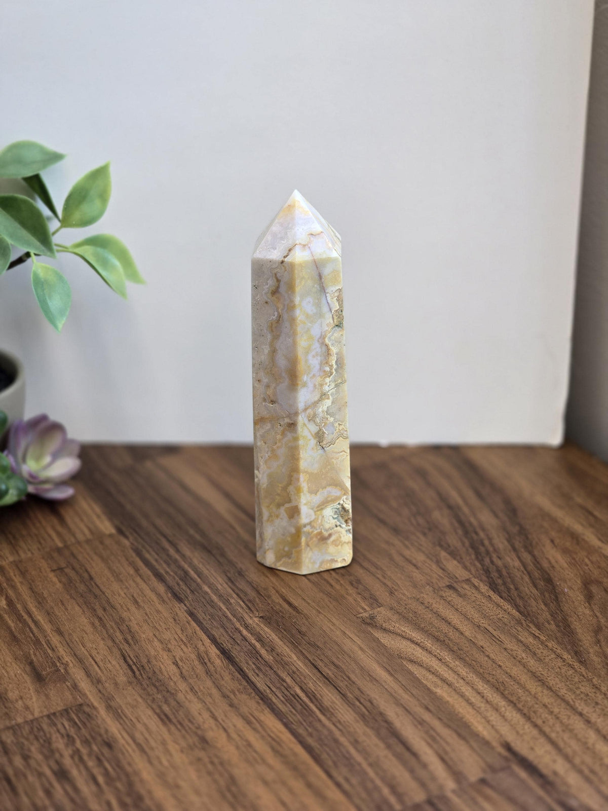 Inv - Raw Crazy Lace Agate Tower | 6" | Modern Nuetral Home Decor Accent with Beige, White, Blue-Gray Lacey Patterns | Warm Minimalism Gift