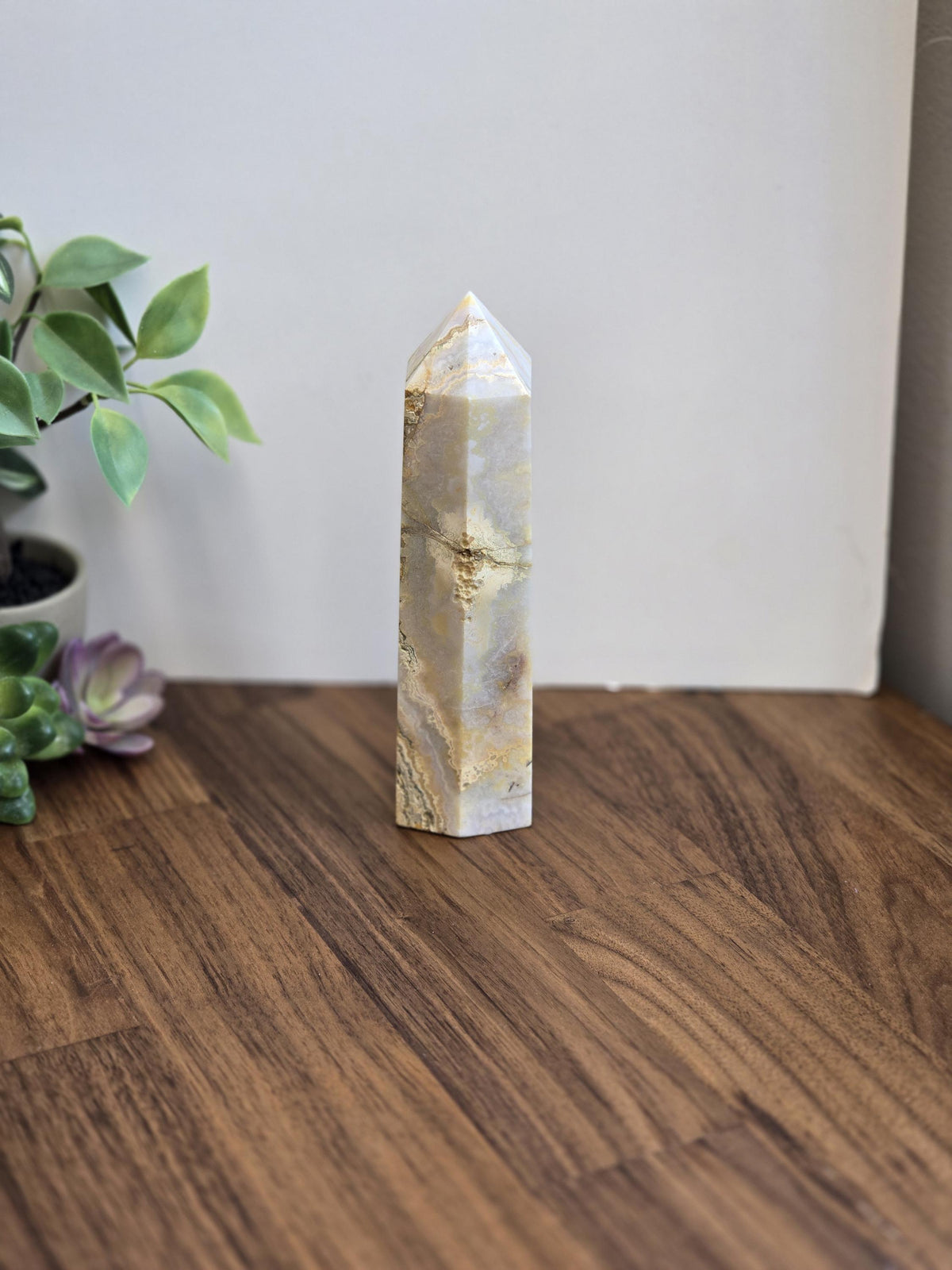 Inv - Raw Crazy Lace Agate Tower | 6" | Modern Nuetral Home Decor Accent with Beige, White, Blue-Gray Lacey Patterns | Warm Minimalism Gift
