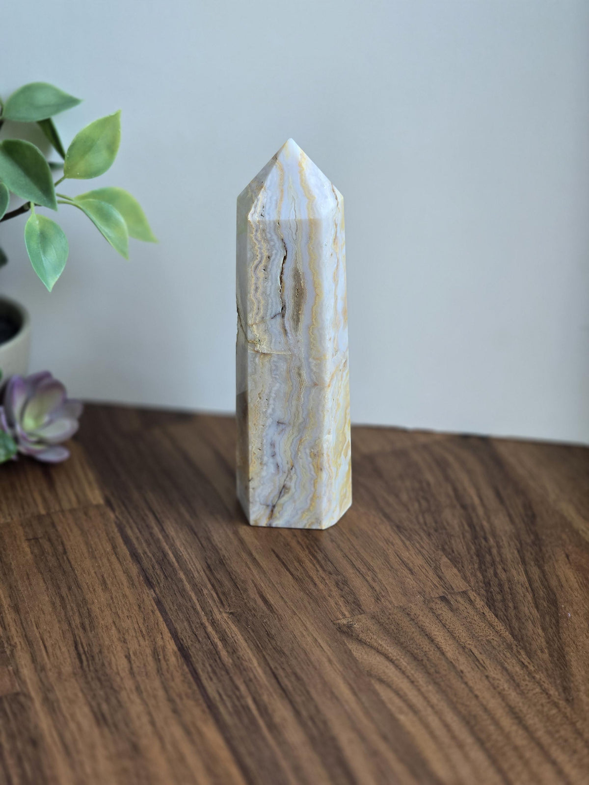 Inv - Raw Crazy Lace Agate Tower | 6" | Modern Nuetral Home Decor Accent with Beige, White, Blue-Gray Lacey Patterns | Warm Minimalism Gift