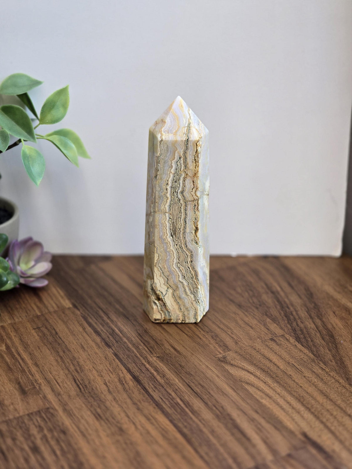 Inv - Raw Crazy Lace Agate Tower | 6" | Modern Nuetral Home Decor Accent with Beige, White, Blue-Gray Lacey Patterns | Warm Minimalism Gift