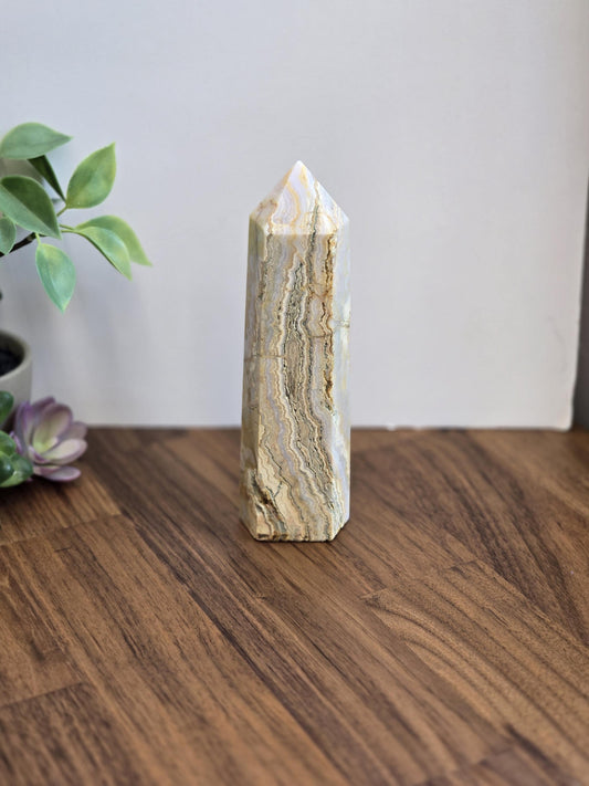 Inv - Raw Crazy Lace Agate Tower | 6" | Modern Nuetral Home Decor Accent with Beige, White, Blue-Gray Lacey Patterns | Warm Minimalism Gift