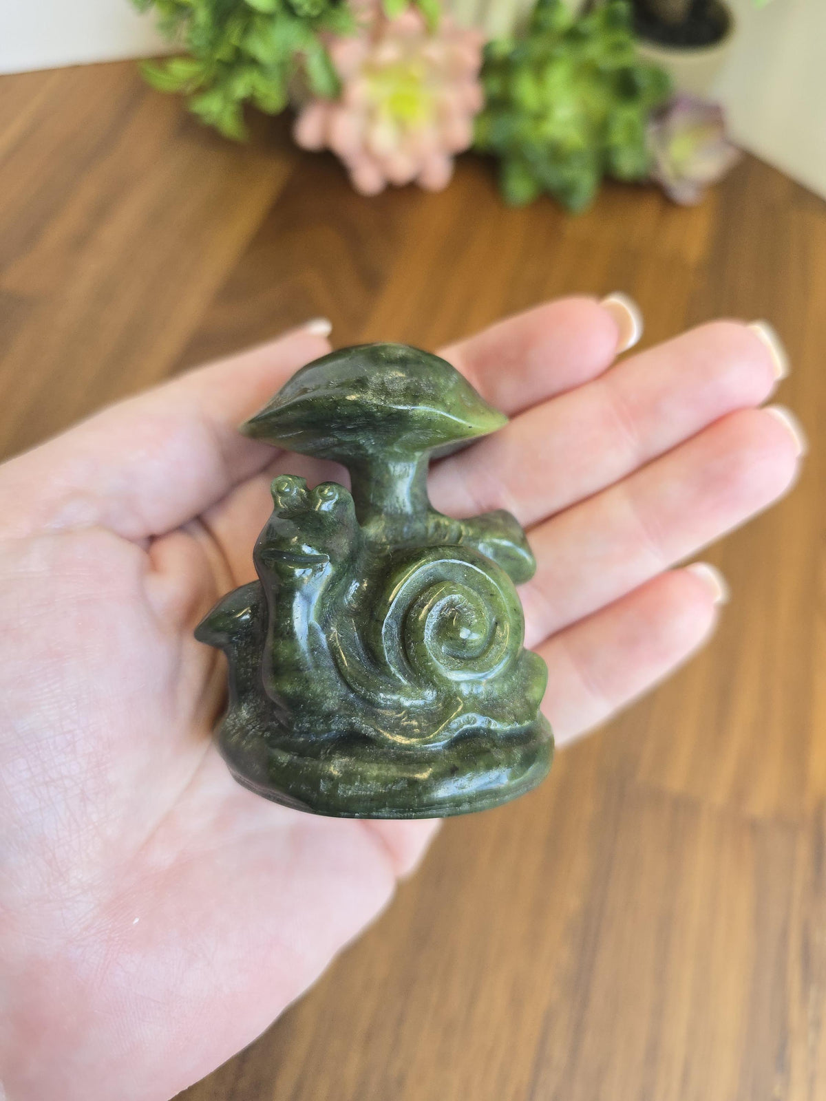 Serpentine Snail : Mushroom Crystal Carving Happy Sculpture (2.4 Inches)