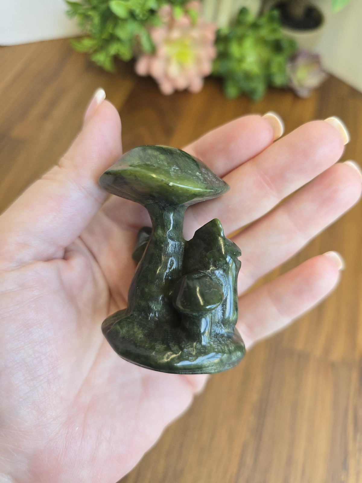 Serpentine Snail : Mushroom Crystal Carving Happy Sculpture (2.4 Inches)