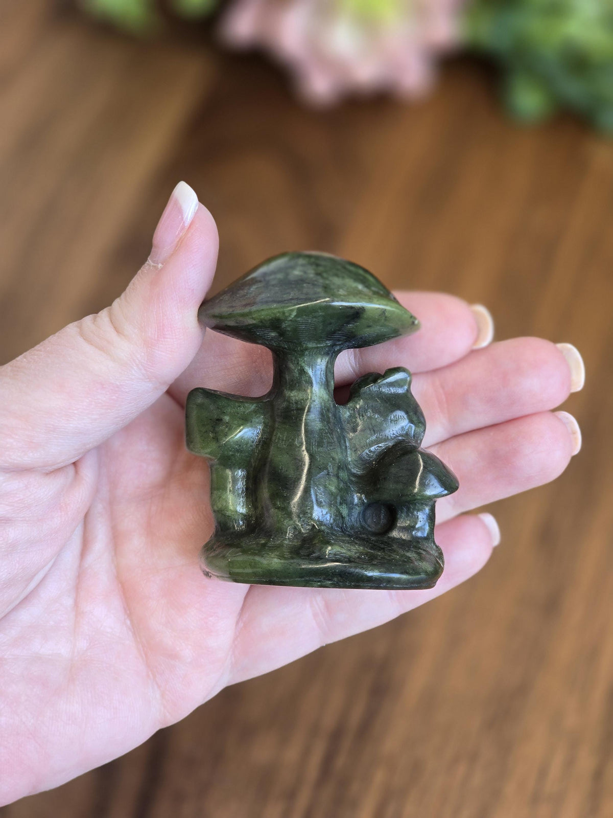 Serpentine Snail : Mushroom Crystal Carving Happy Sculpture (2.4 Inches)