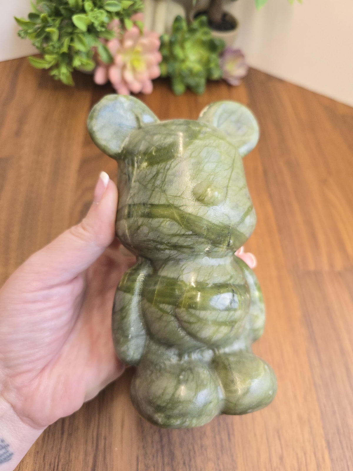 Inv - Green Jade Crystal Teddy Bear Carving | Large Stone 80's Inspired Shelf Sitter | Lucky Kawaii Cutecore | Whimsical Nostalgia Display
