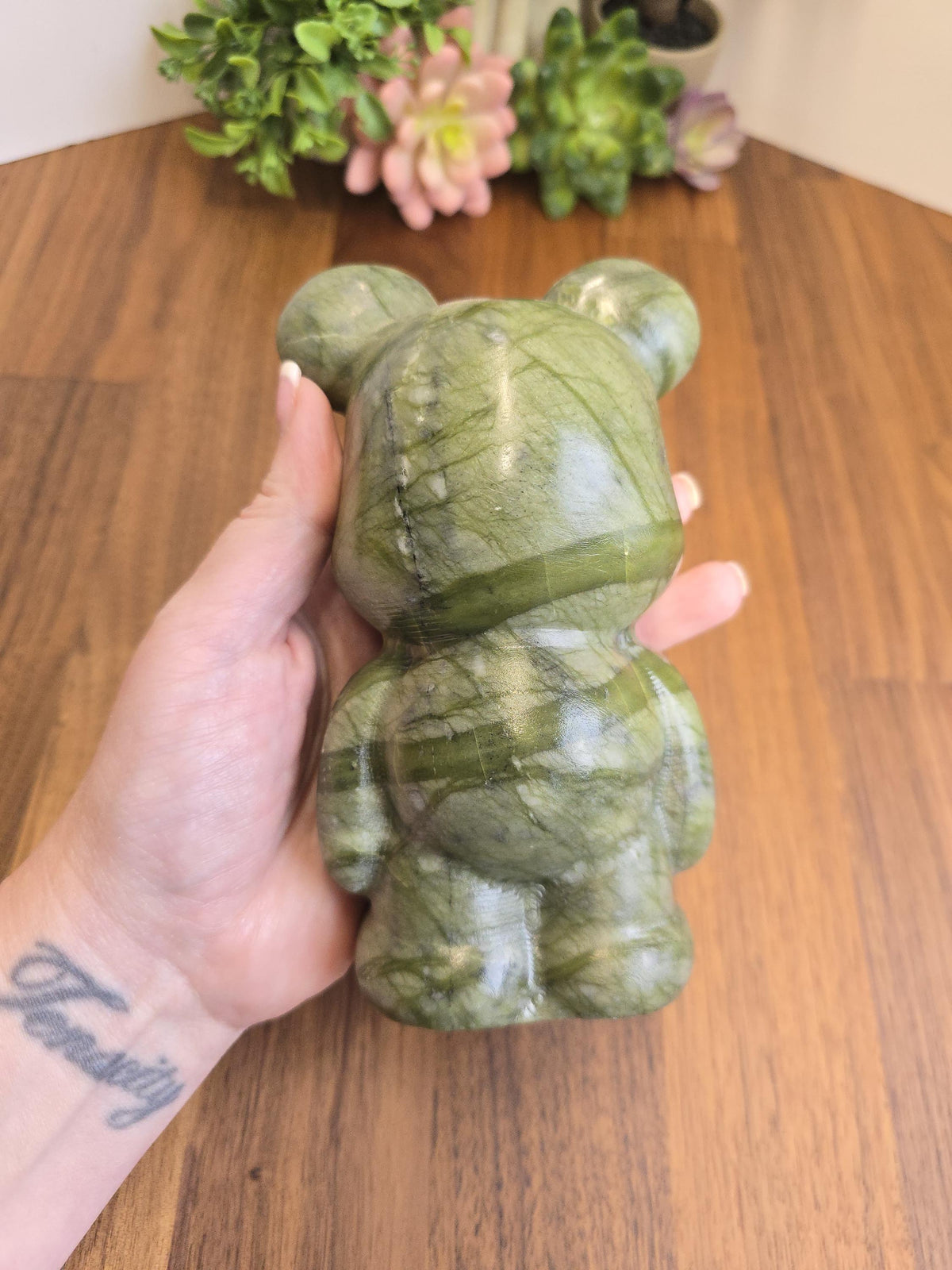 Inv - Green Jade Crystal Teddy Bear Carving | Large Stone 80's Inspired Shelf Sitter | Lucky Kawaii Cutecore | Whimsical Nostalgia Display