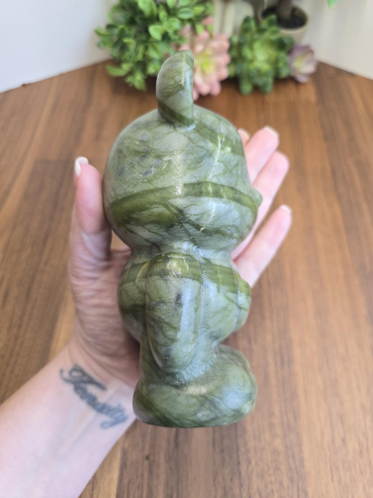 Inv - Green Jade Crystal Teddy Bear Carving | Large Stone 80's Inspired Shelf Sitter | Lucky Kawaii Cutecore | Whimsical Nostalgia Display