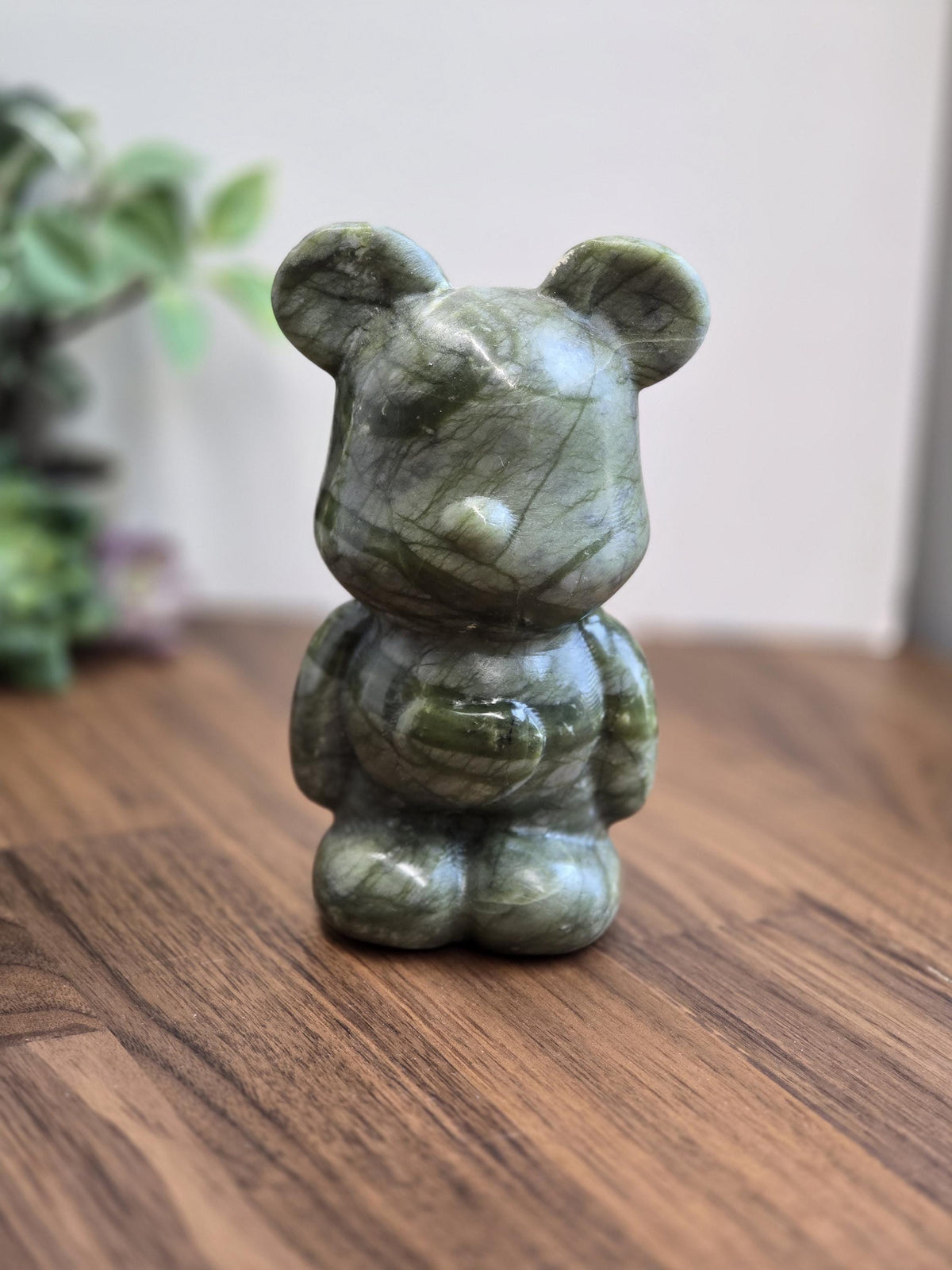 Inv - Green Jade Crystal Teddy Bear Carving | Large Stone 80's Inspired Shelf Sitter | Lucky Kawaii Cutecore | Whimsical Nostalgia Display