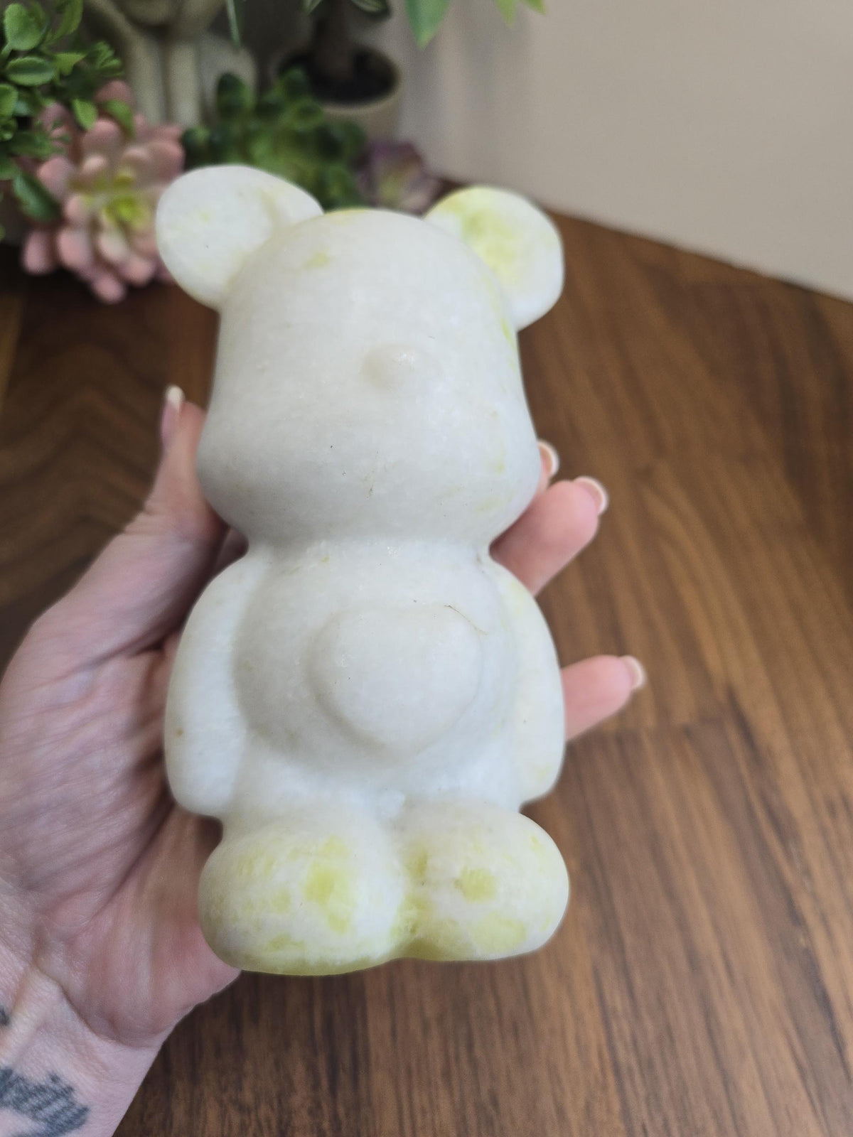 Jade Bear Carving | Around 6" | White with subtle Green | Belly Heart | Only 1 Available
