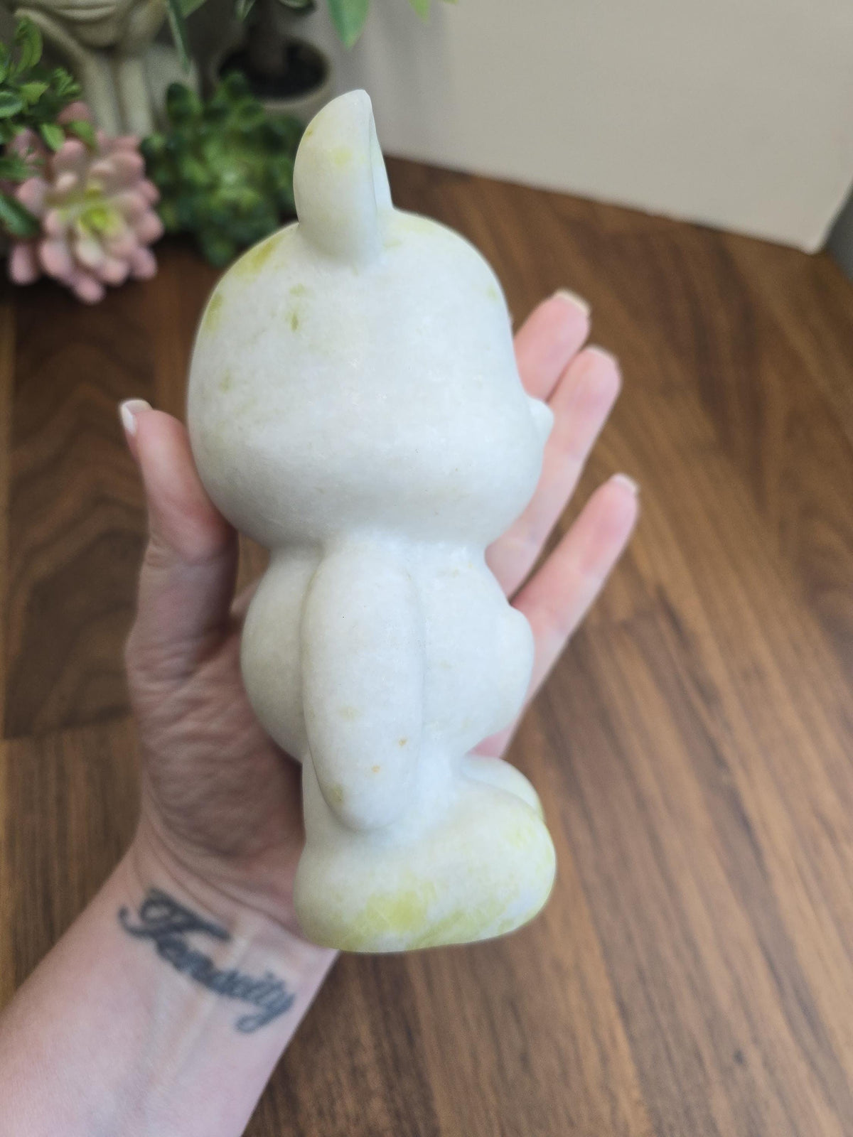 Jade Bear Carving | Around 6" | White with subtle Green | Belly Heart | Only 1 Available