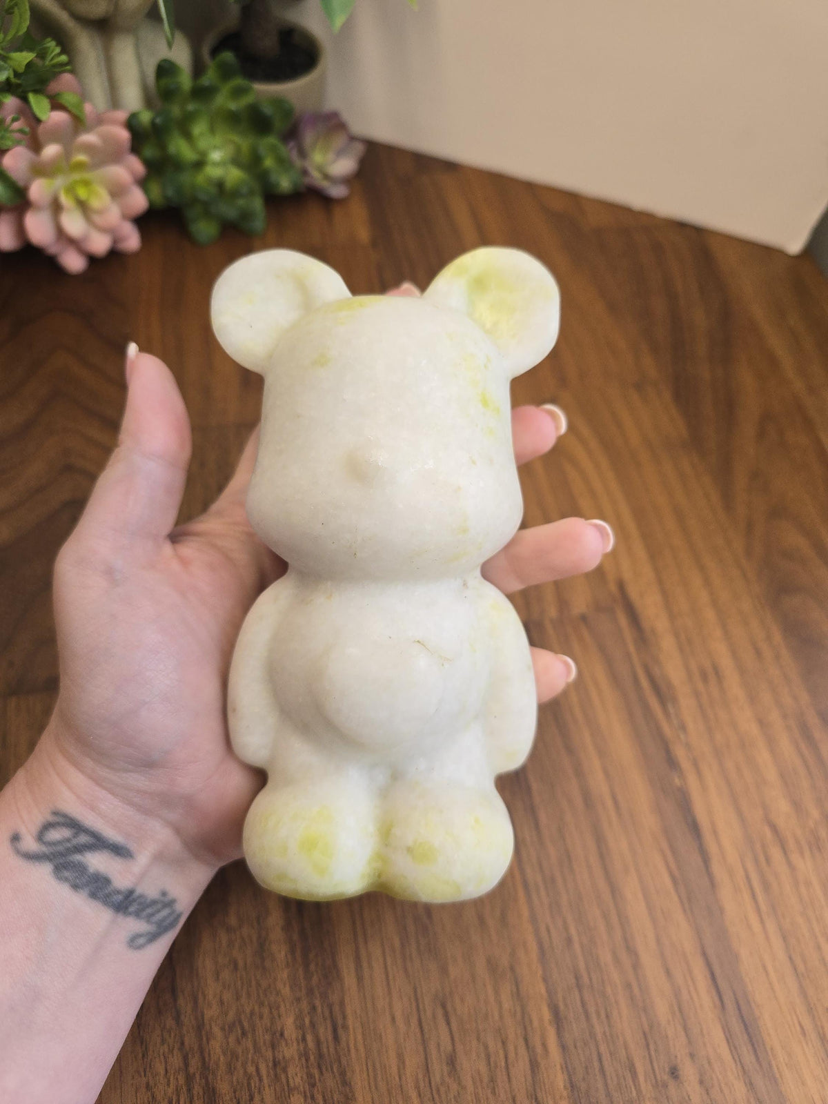 Jade Bear Carving | Around 6" | White with subtle Green | Belly Heart | Only 1 Available