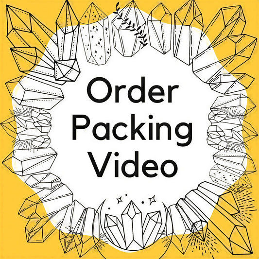a frame with a border of various geometric shapes and patterns, including crystals and lines, surrounding the text "Order Packing Video".