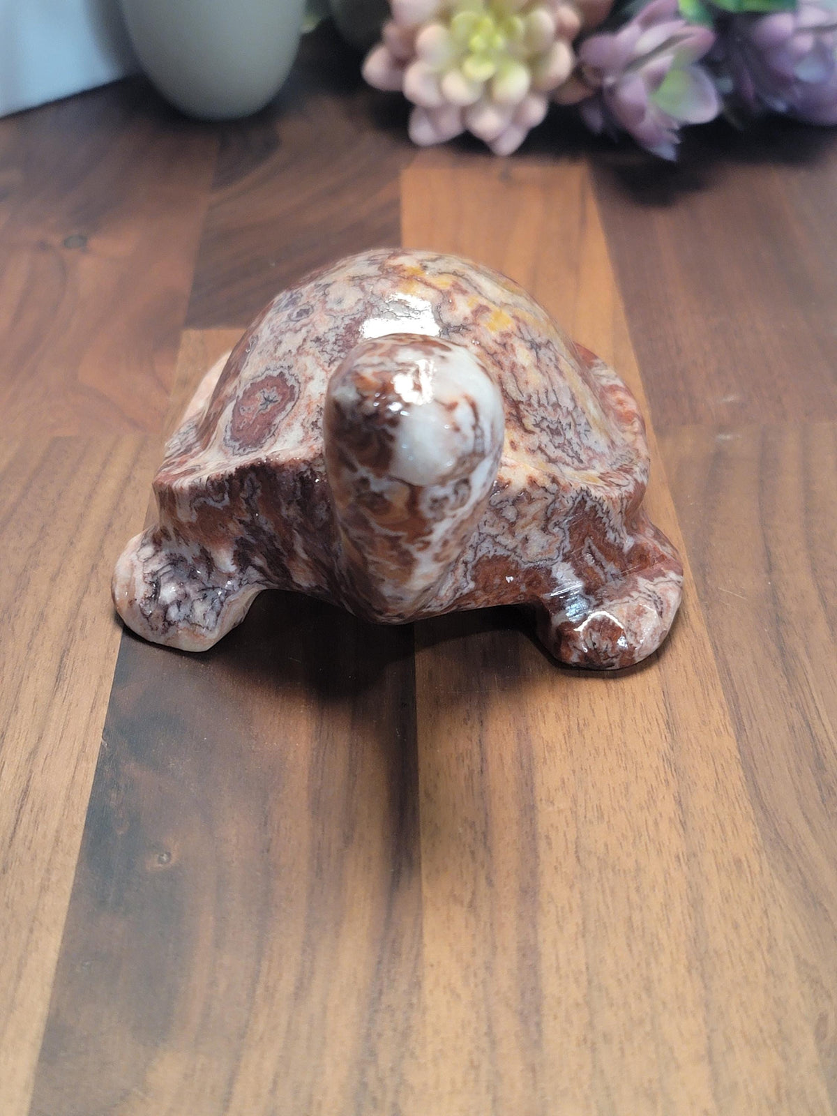 A ceramic turtle figurine is displayed on a wooden surface, with a vase of flowers visible in the background.