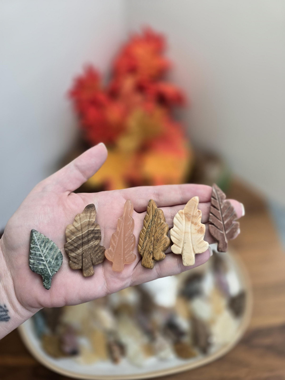May include: Seven carved stone leaf shapes in various shades of brown, green, and pink. The leaves are arranged in a row on a hand.