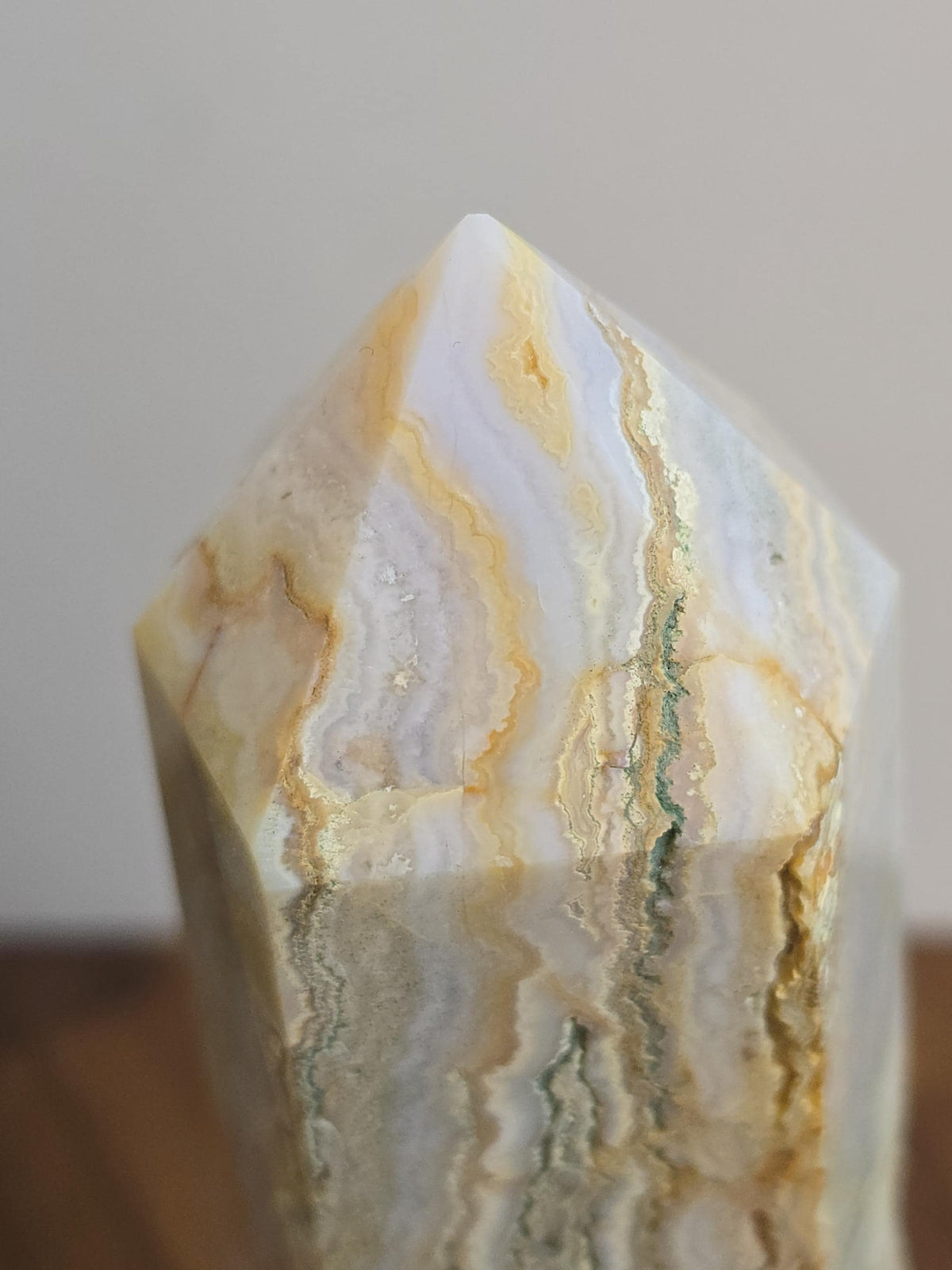 Inv - Raw Crazy Lace Agate Tower | 6" | Modern Nuetral Home Decor Accent with Beige, White, Blue-Gray Lacey Patterns | Warm Minimalism Gift