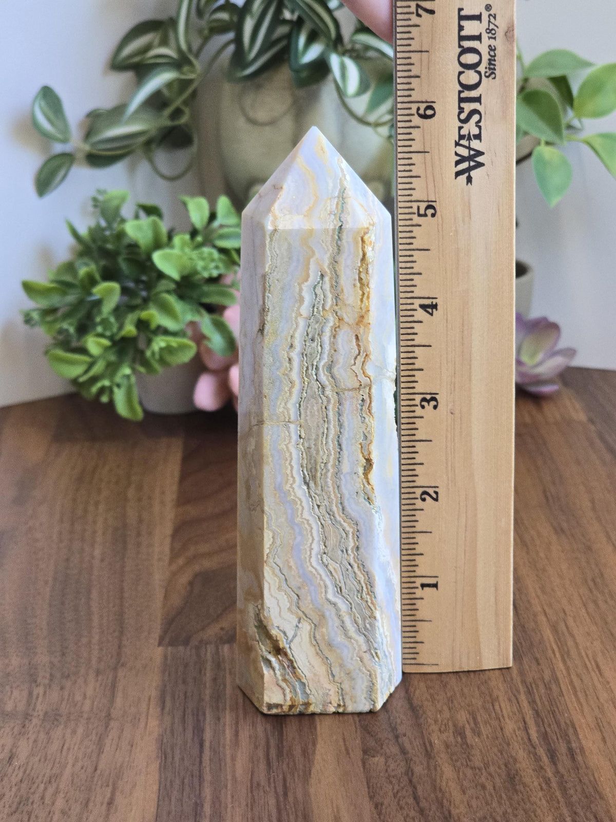 Inv - Raw Crazy Lace Agate Tower | 6" | Modern Nuetral Home Decor Accent with Beige, White, Blue-Gray Lacey Patterns | Warm Minimalism Gift