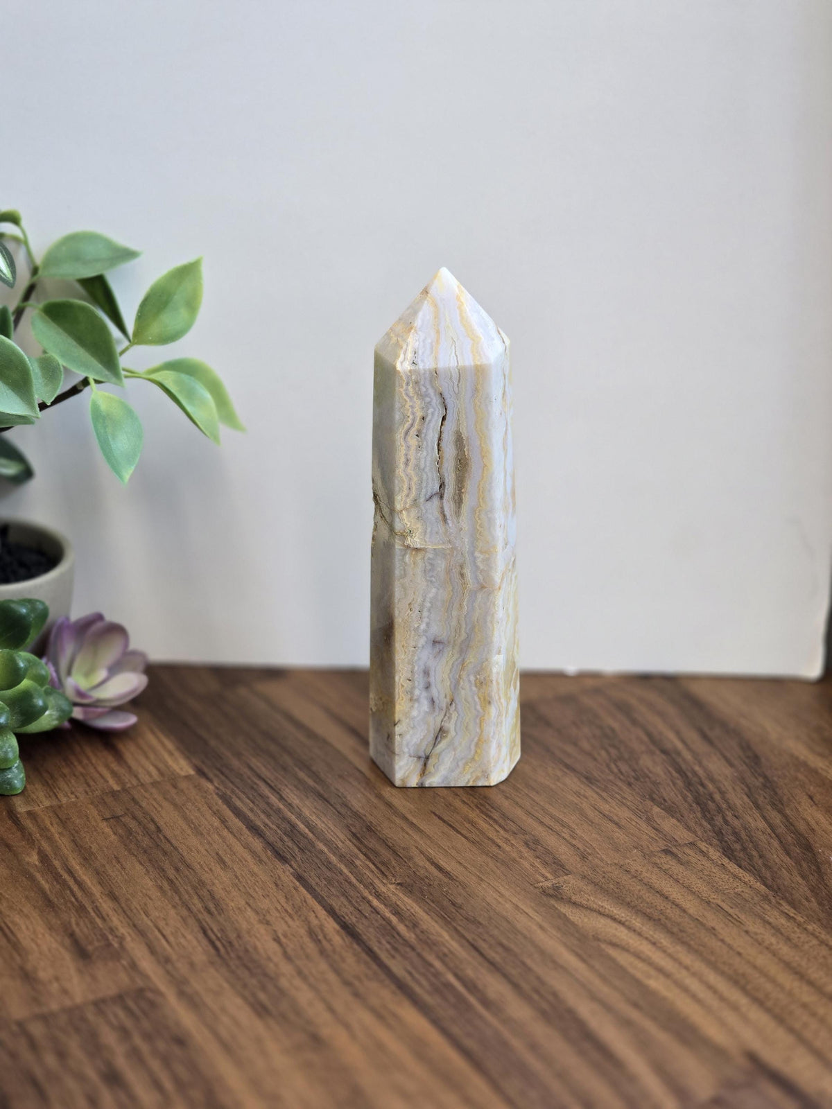 Inv - Raw Crazy Lace Agate Tower | 6" | Modern Nuetral Home Decor Accent with Beige, White, Blue-Gray Lacey Patterns | Warm Minimalism Gift