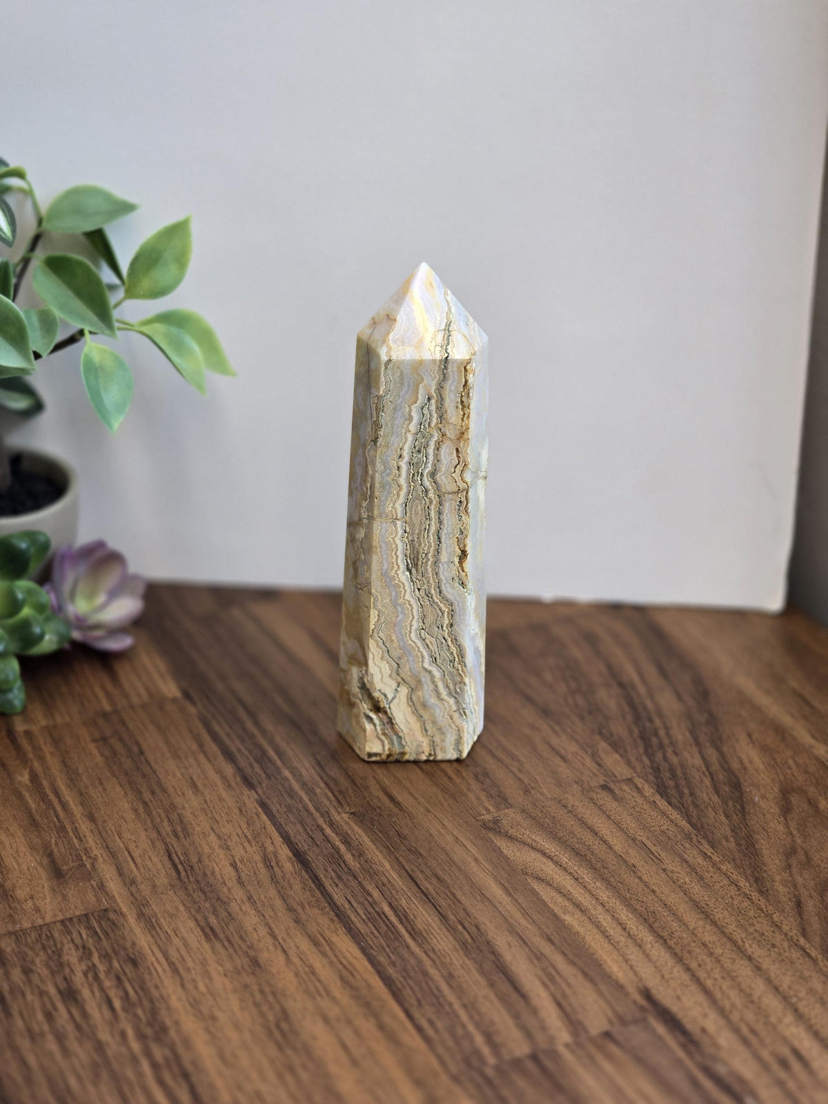 Inv - Raw Crazy Lace Agate Tower | 6" | Modern Nuetral Home Decor Accent with Beige, White, Blue-Gray Lacey Patterns | Warm Minimalism Gift