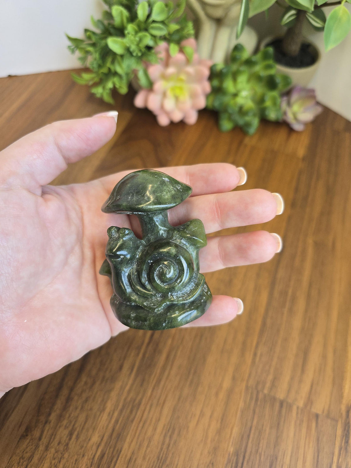 Serpentine Snail : Mushroom Crystal Carving Happy Sculpture (2.4 Inches)
