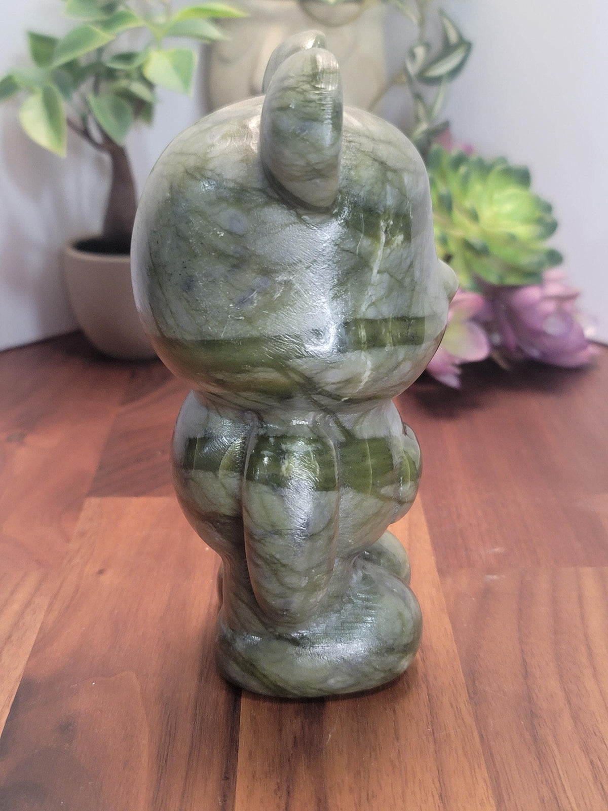 Inv - Green Jade Crystal Teddy Bear Carving | Large Stone 80's Inspired Shelf Sitter | Lucky Kawaii Cutecore | Whimsical Nostalgia Display