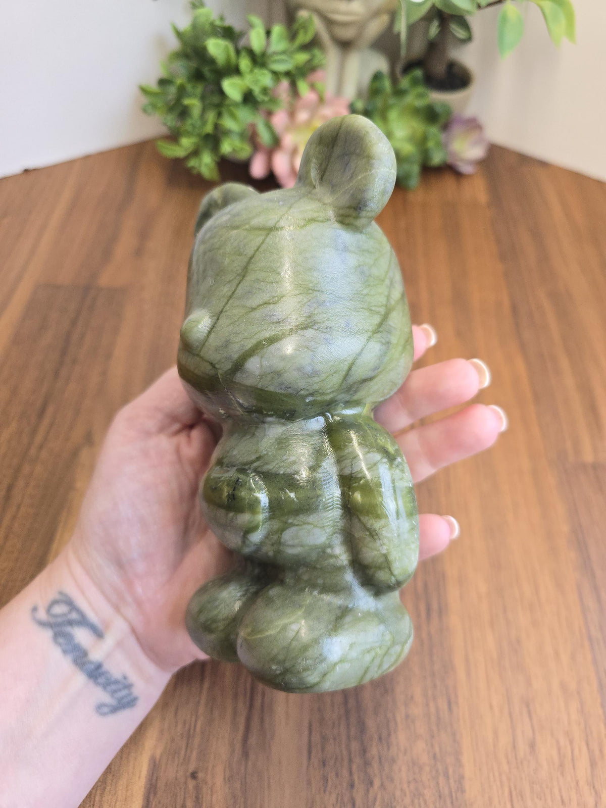 Inv - Green Jade Crystal Teddy Bear Carving | Large Stone 80's Inspired Shelf Sitter | Lucky Kawaii Cutecore | Whimsical Nostalgia Display