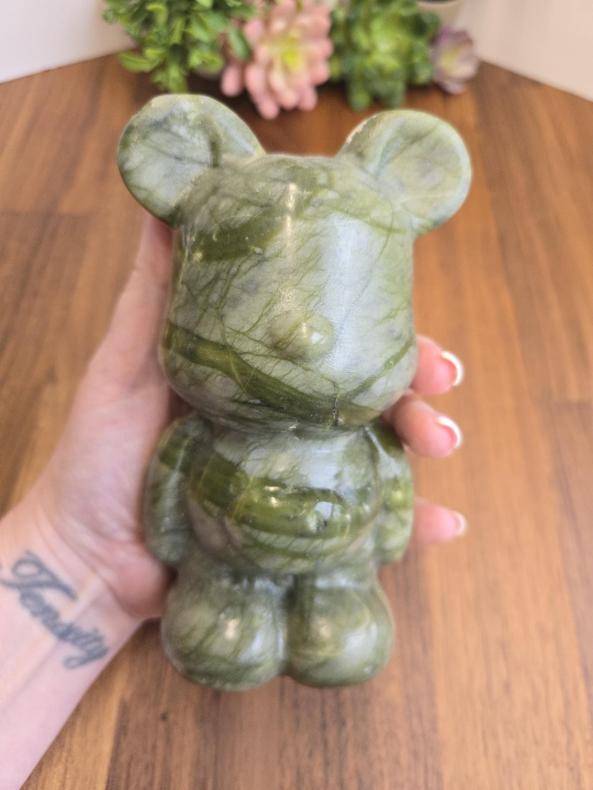 Inv - Green Jade Crystal Teddy Bear Carving | Large Stone 80's Inspired Shelf Sitter | Lucky Kawaii Cutecore | Whimsical Nostalgia Display