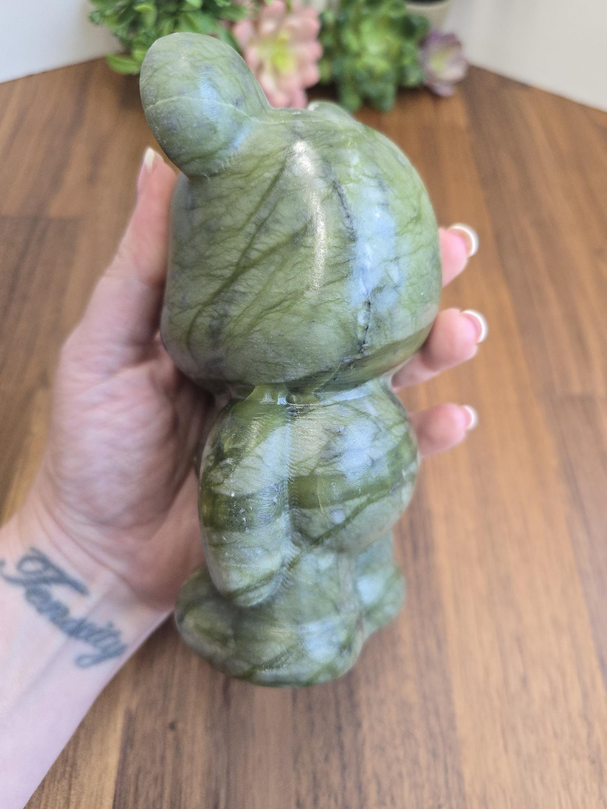Inv - Green Jade Crystal Teddy Bear Carving | Large Stone 80's Inspired Shelf Sitter | Lucky Kawaii Cutecore | Whimsical Nostalgia Display