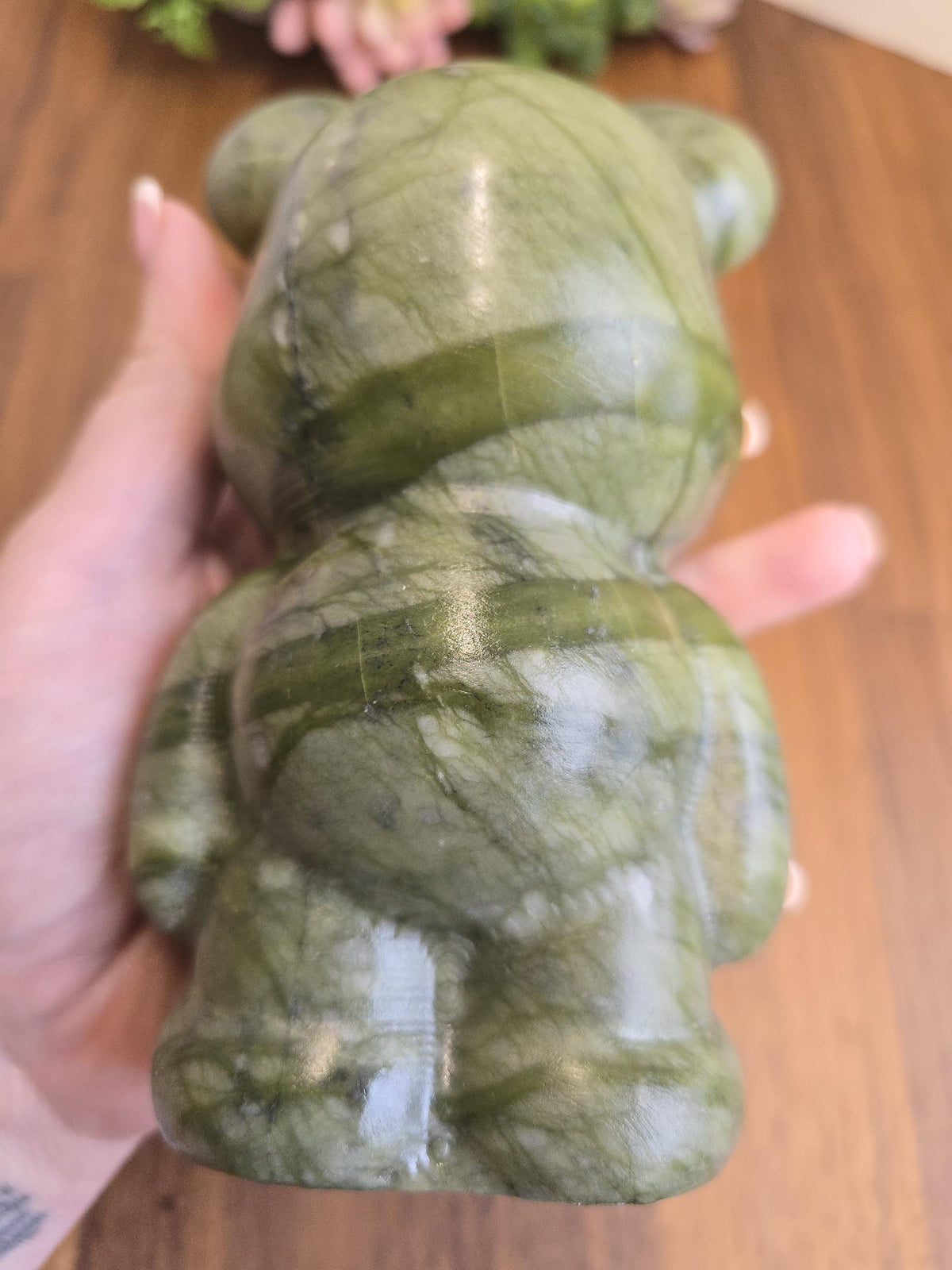 Inv - Green Jade Crystal Teddy Bear Carving | Large Stone 80's Inspired Shelf Sitter | Lucky Kawaii Cutecore | Whimsical Nostalgia Display