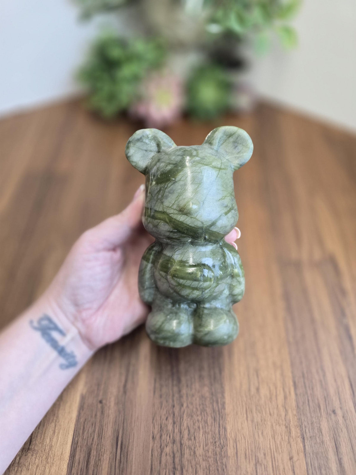 Inv - Green Jade Crystal Teddy Bear Carving | Large Stone 80's Inspired Shelf Sitter | Lucky Kawaii Cutecore | Whimsical Nostalgia Display