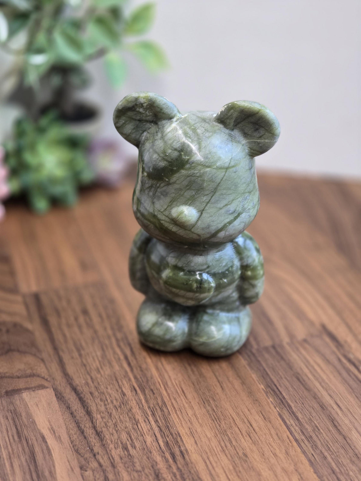 Inv - Green Jade Crystal Teddy Bear Carving | Large Stone 80's Inspired Shelf Sitter | Lucky Kawaii Cutecore | Whimsical Nostalgia Display