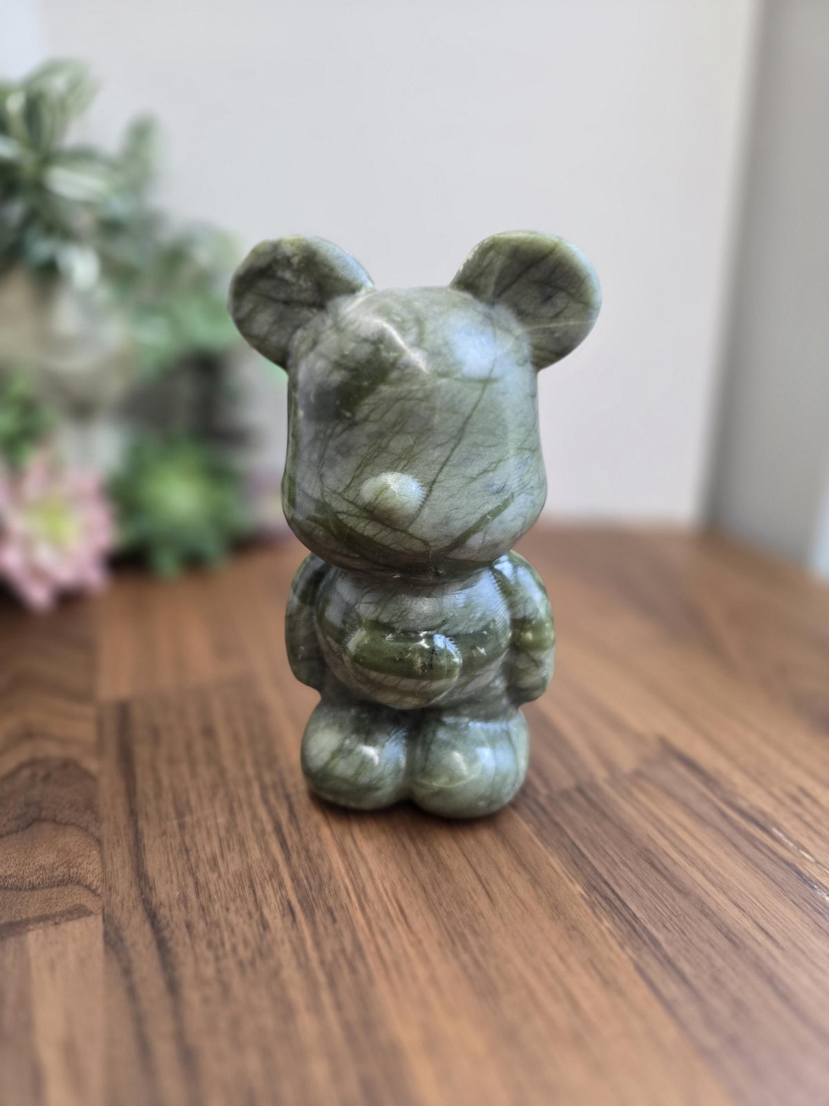 Inv - Green Jade Crystal Teddy Bear Carving | Large Stone 80's Inspired Shelf Sitter | Lucky Kawaii Cutecore | Whimsical Nostalgia Display