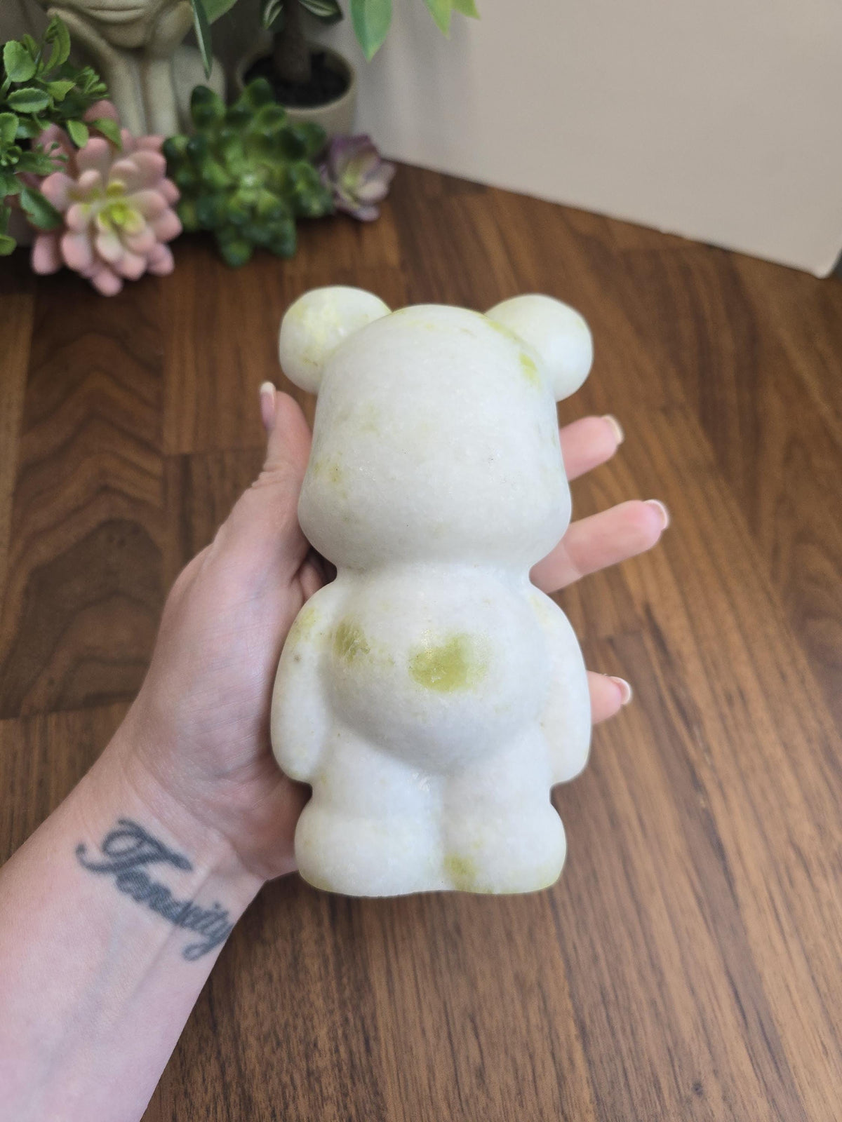 Jade Bear Carving | Around 6" | White with subtle Green | Belly Heart | Only 1 Available