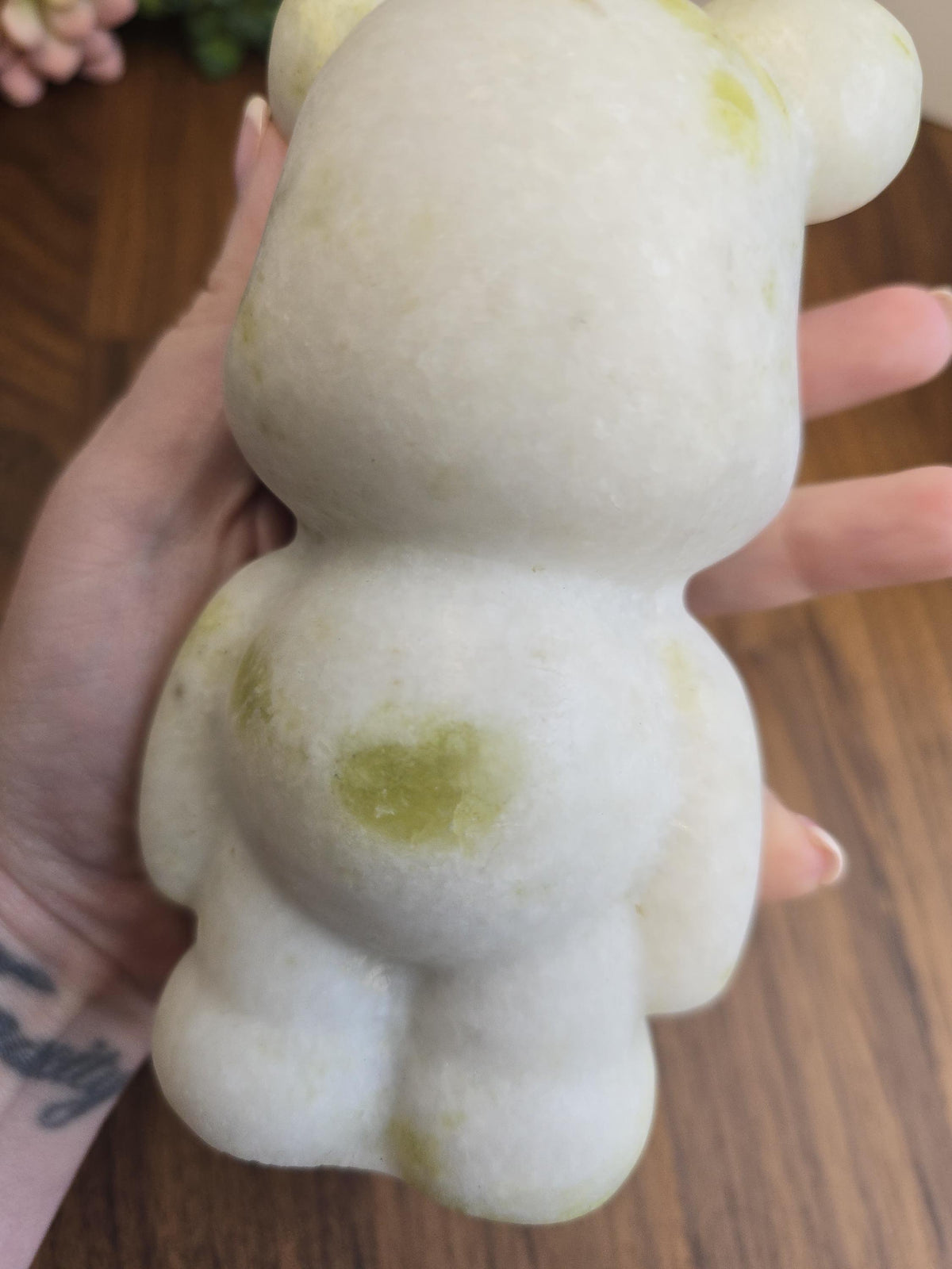Jade Bear Carving | Around 6" | White with subtle Green | Belly Heart | Only 1 Available