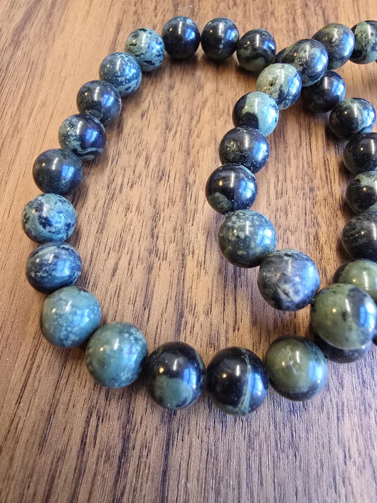 Inv - Kambaba Jasper Bracelet: 8MM Dark Green Crystal Beads | Evil Eye patterns and swirls in deep Forest Colors | Subtle gift for him