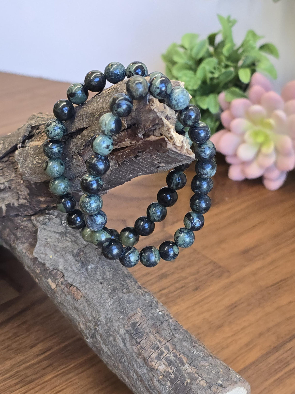 Inv - Kambaba Jasper Bracelet: 8MM Dark Green Crystal Beads | Evil Eye patterns and swirls in deep Forest Colors | Subtle gift for him