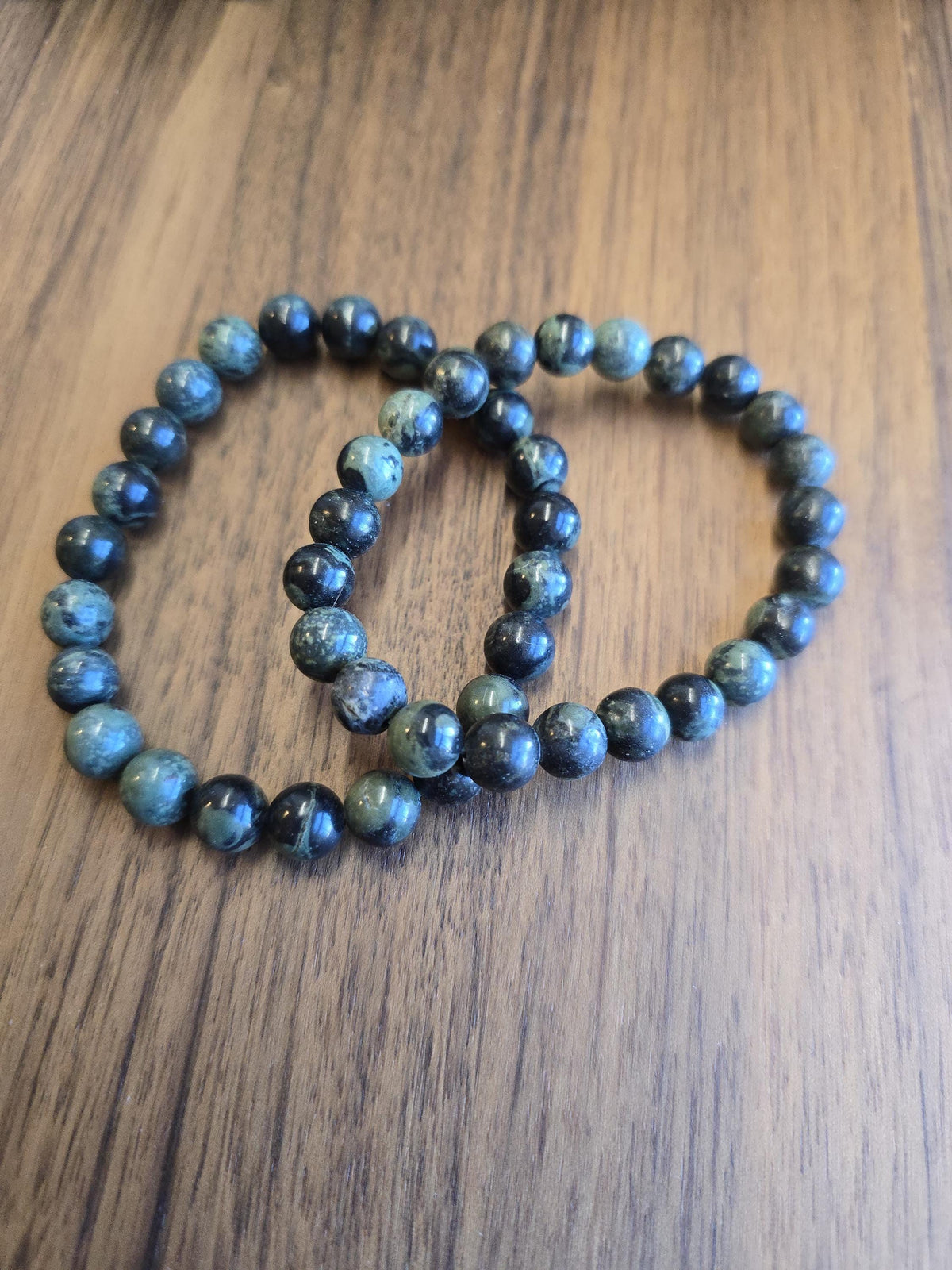 Inv - Kambaba Jasper Bracelet: 8MM Dark Green Crystal Beads | Evil Eye patterns and swirls in deep Forest Colors | Subtle gift for him