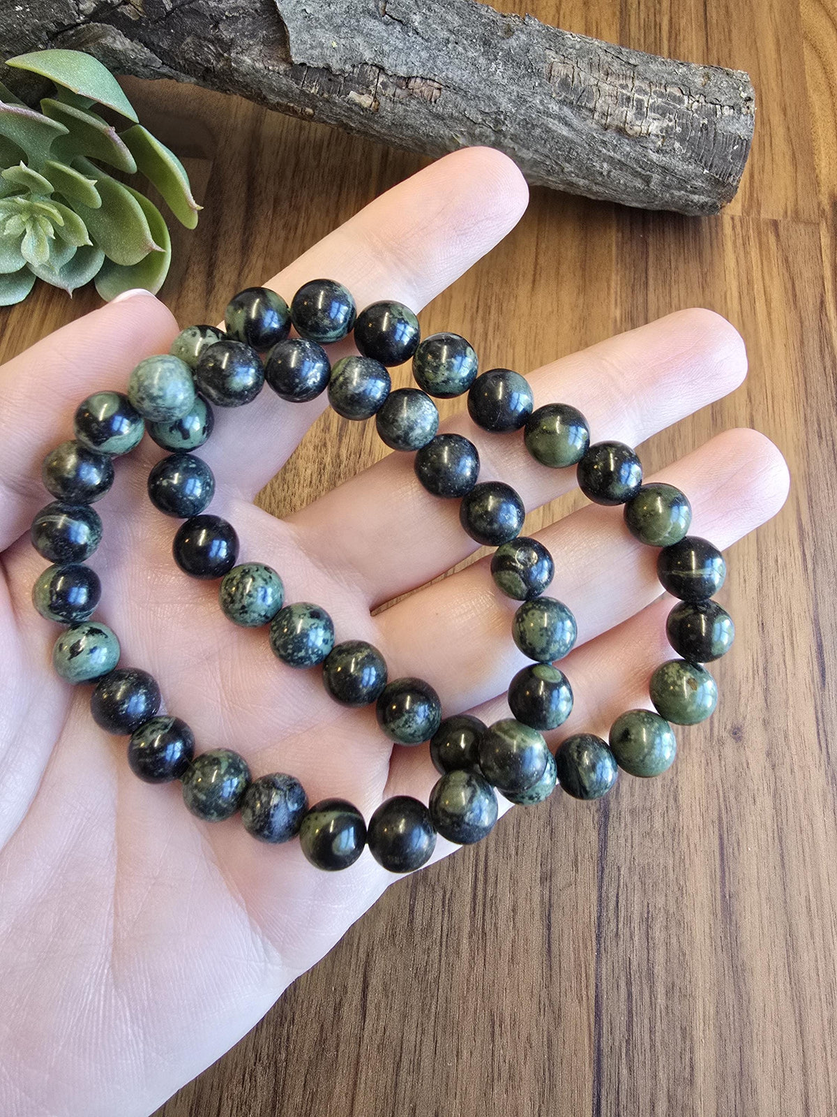Inv - Kambaba Jasper Bracelet: 8MM Dark Green Crystal Beads | Evil Eye patterns and swirls in deep Forest Colors | Subtle gift for him