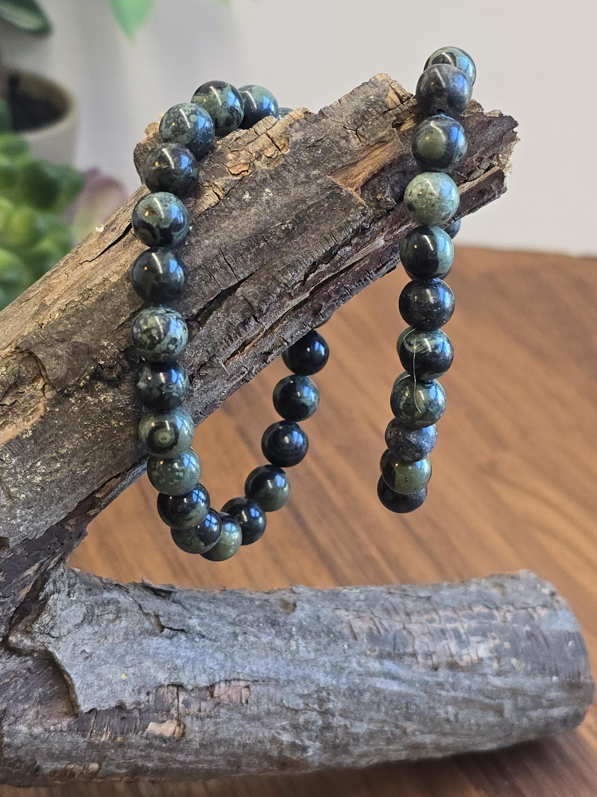 Inv - Kambaba Jasper Bracelet: 8MM Dark Green Crystal Beads | Evil Eye patterns and swirls in deep Forest Colors | Subtle gift for him