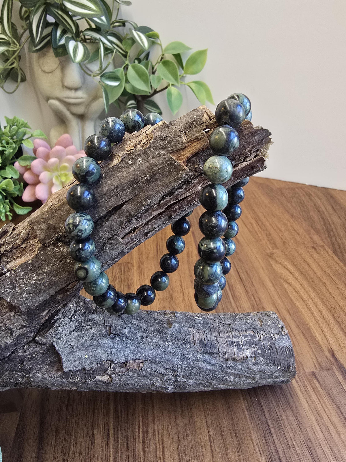 Inv - Kambaba Jasper Bracelet: 8MM Dark Green Crystal Beads | Evil Eye patterns and swirls in deep Forest Colors | Subtle gift for him